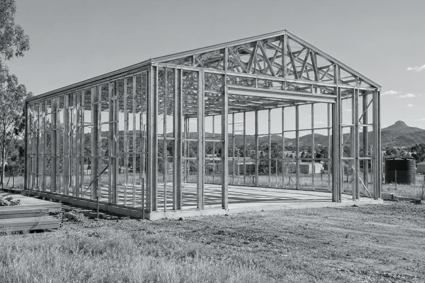 Illustrative image: light gauge steel framing for offices inside an industrial building