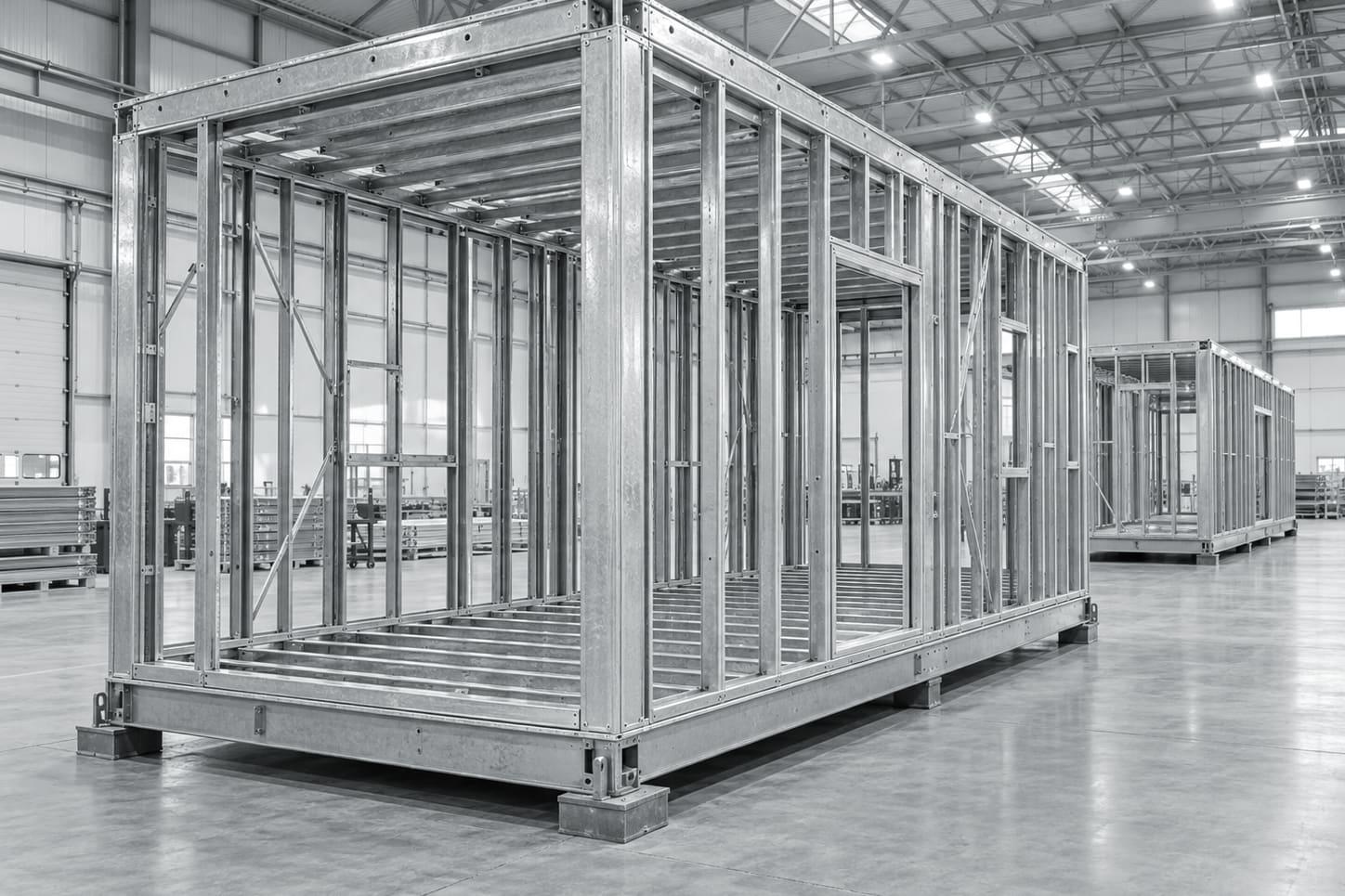 Illustrative image: a steel-framed modular home module in a factory yard