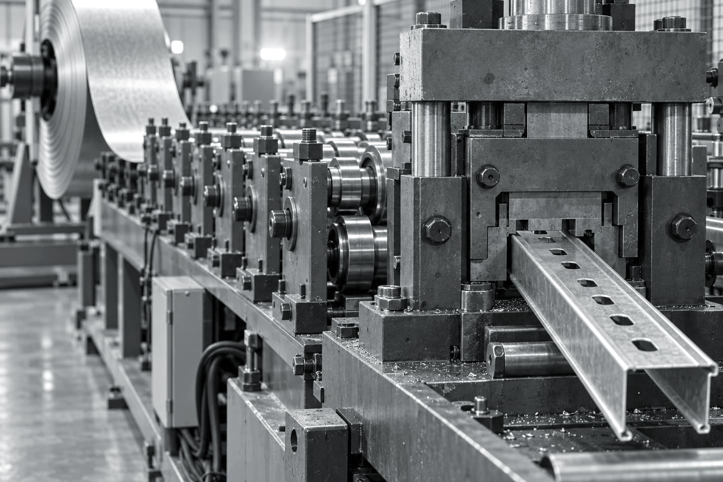 Illustrative image: galvanised steel strip passing through a roll-forming line (not the Lockyer Sheds factory)