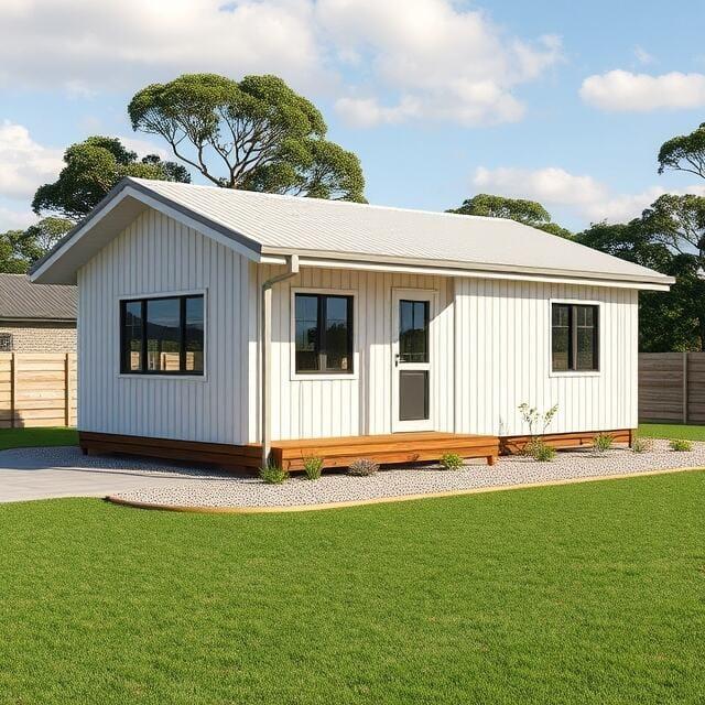 Illustrative image: concept of a small single-storey granny flat with a timber deck